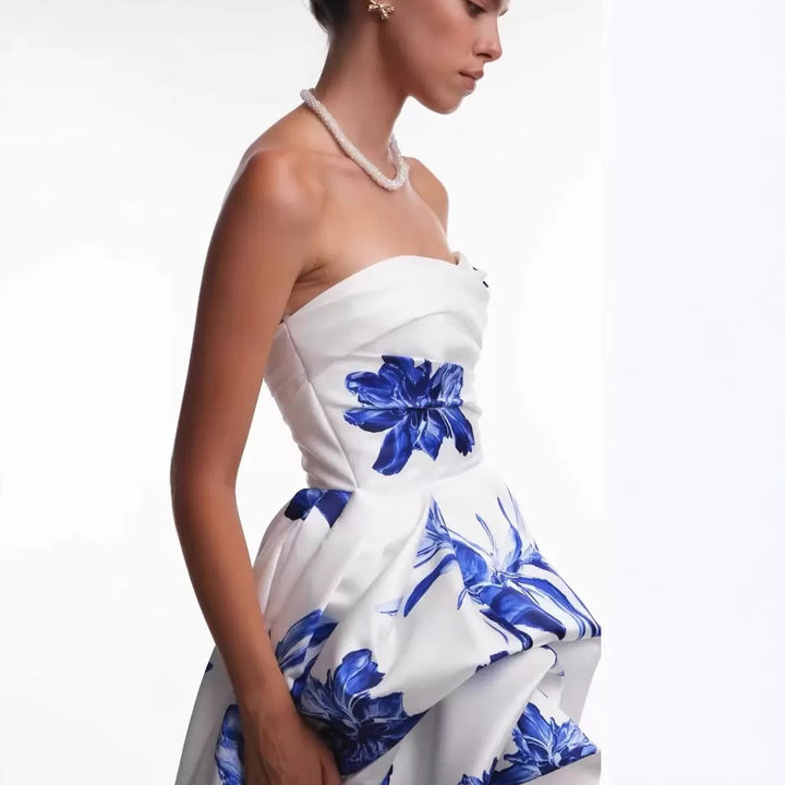 Ladies' wedding dress with strapless design and floral appliqués