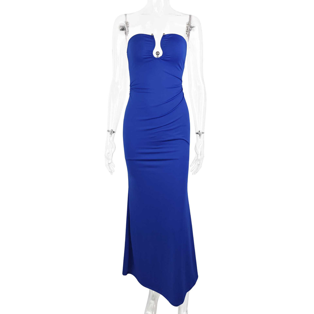 Ladies Elegant Strapless Maxi Dress with Sophisticated Keyhole Neckline and Figure-Flattering Cut Lune London