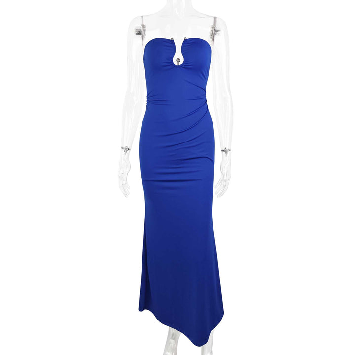 Ladies Elegant Strapless Maxi Dress with Sophisticated Keyhole Neckline and Figure-Flattering Cut Lune London