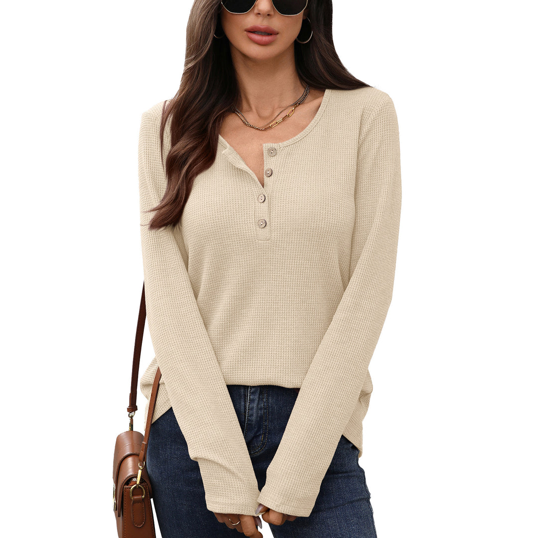 Long sleeve waffle knit t-shirt for women with button placket Lune London