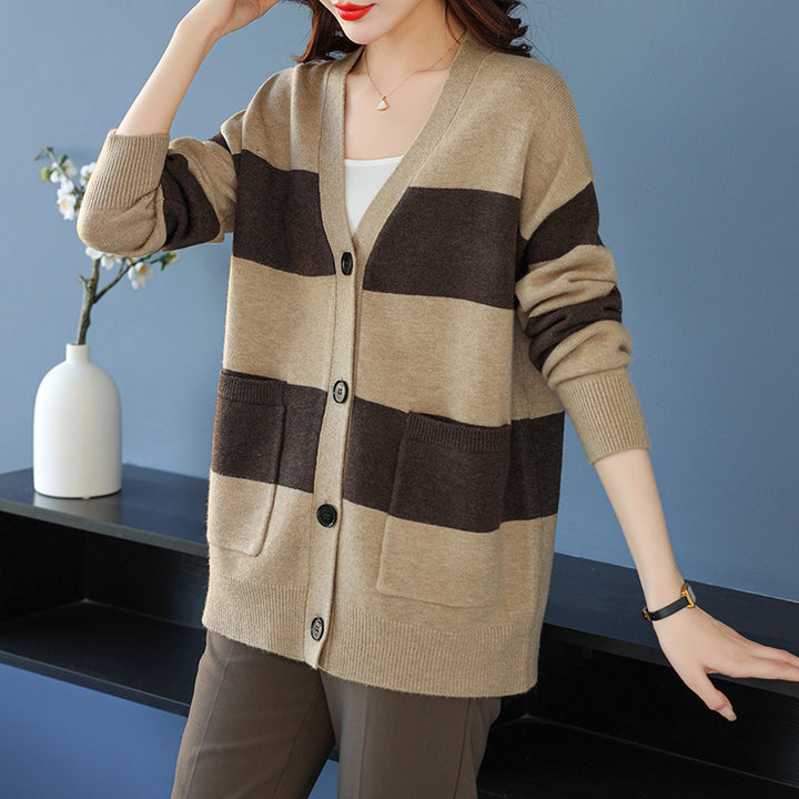Ladies casual cardigan with wide stripes and patch pockets Lune London