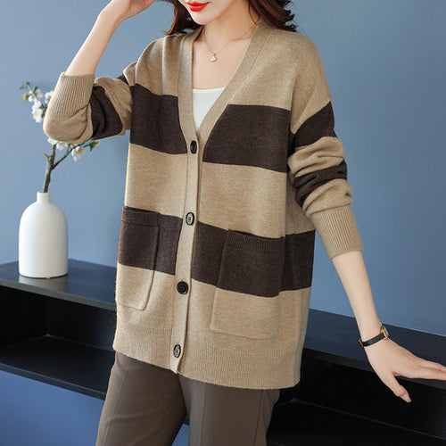 Ladies casual cardigan with wide stripes and patch pockets Lune London