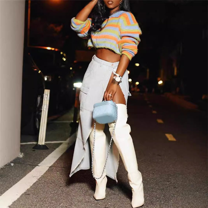 Ladies cropped knit sweater with zipper and colorful striped pattern Lune London