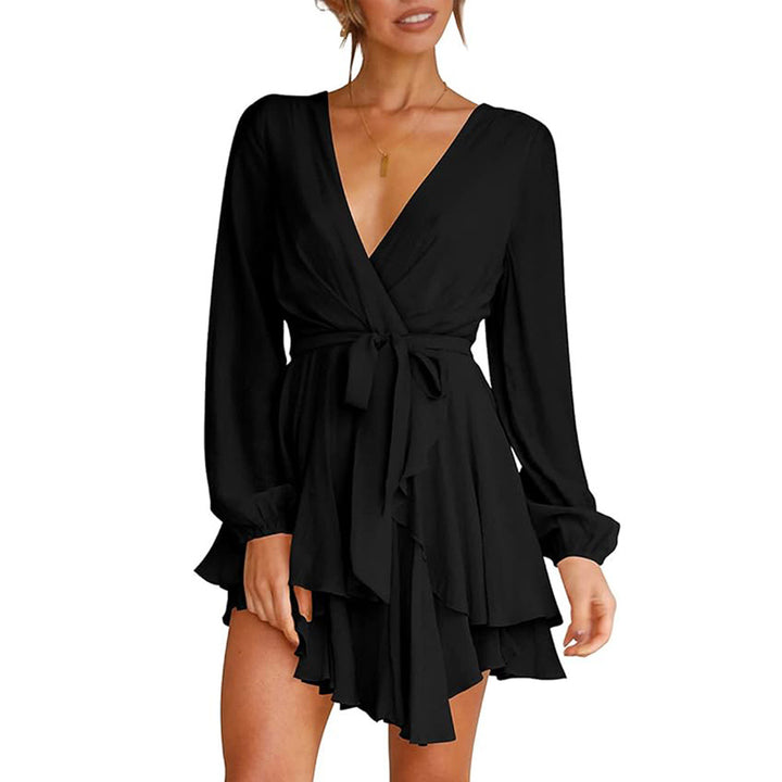 Robe portefeuille femme avec des manches longues et des volants espiègles Chic & Stil