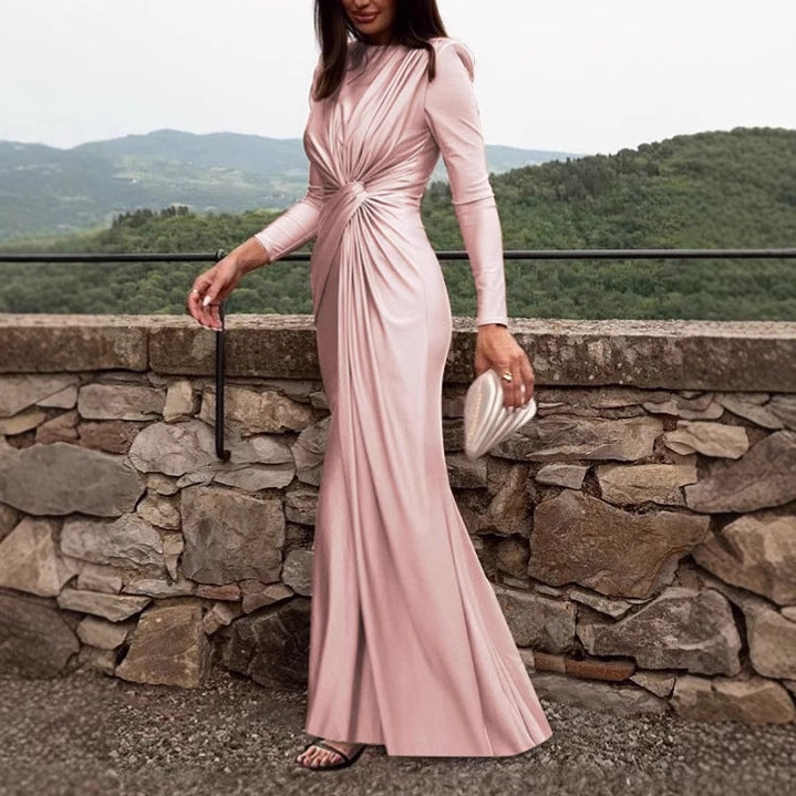 Women's Elegant Long Dress with Gathering and High Collar Lune London