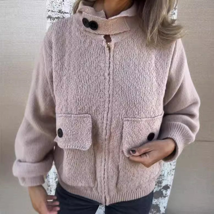 Women's soft cardigan with thermal insulating collar and patch pockets Lune London