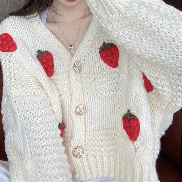 Ladies Chunky Knit Cardigan with Floral Embroidery and Sparkling Buttons Lune London