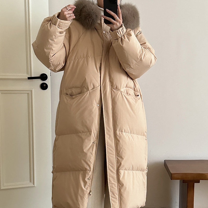 Ladies long winter down jacket with high-quality faux fur collar and practical pockets Lune London