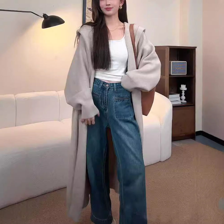 Manteau long en tricot pour femmes avec capuche décontractée et manches larges drapées