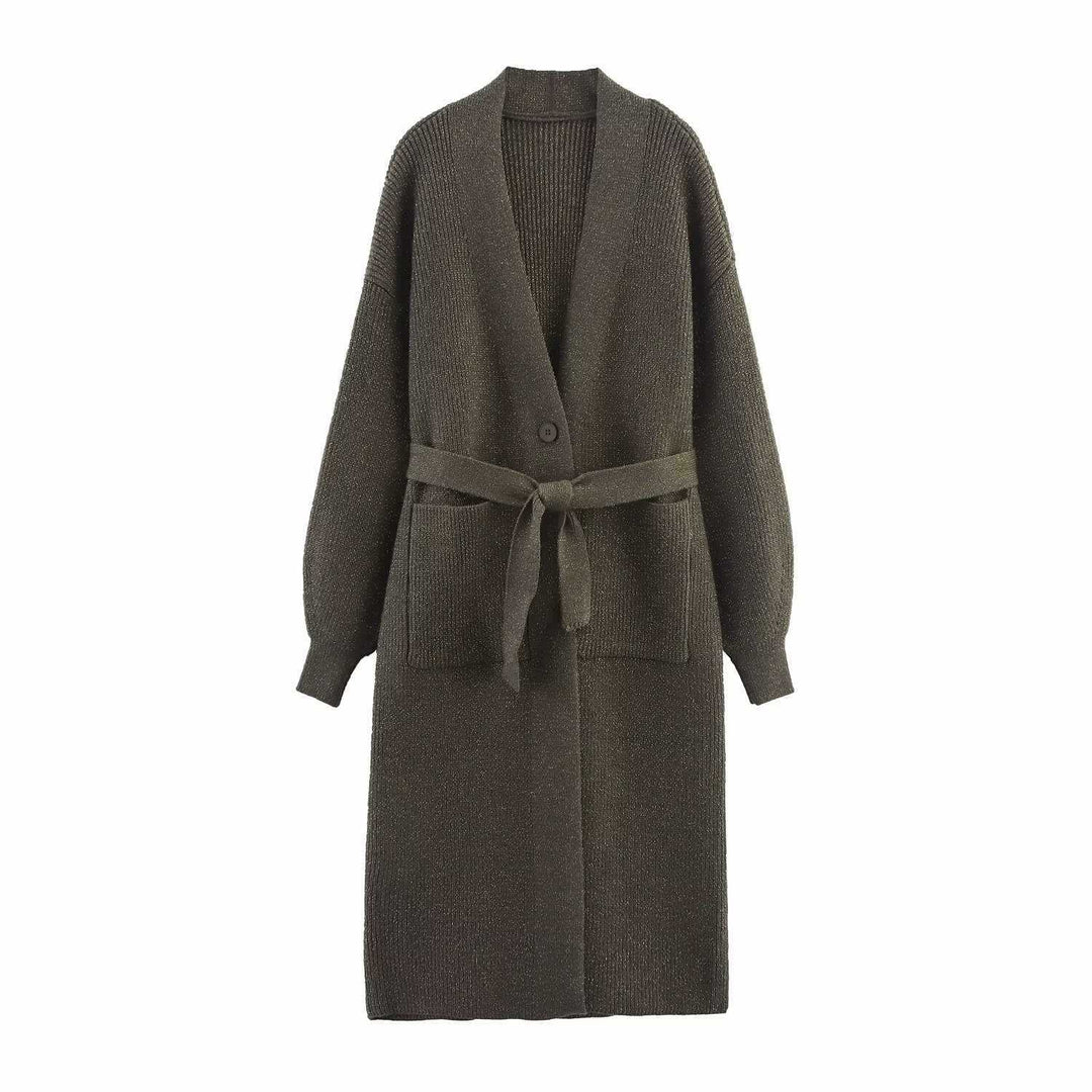 Ladies long knitted cardigan with waist belt Lune London