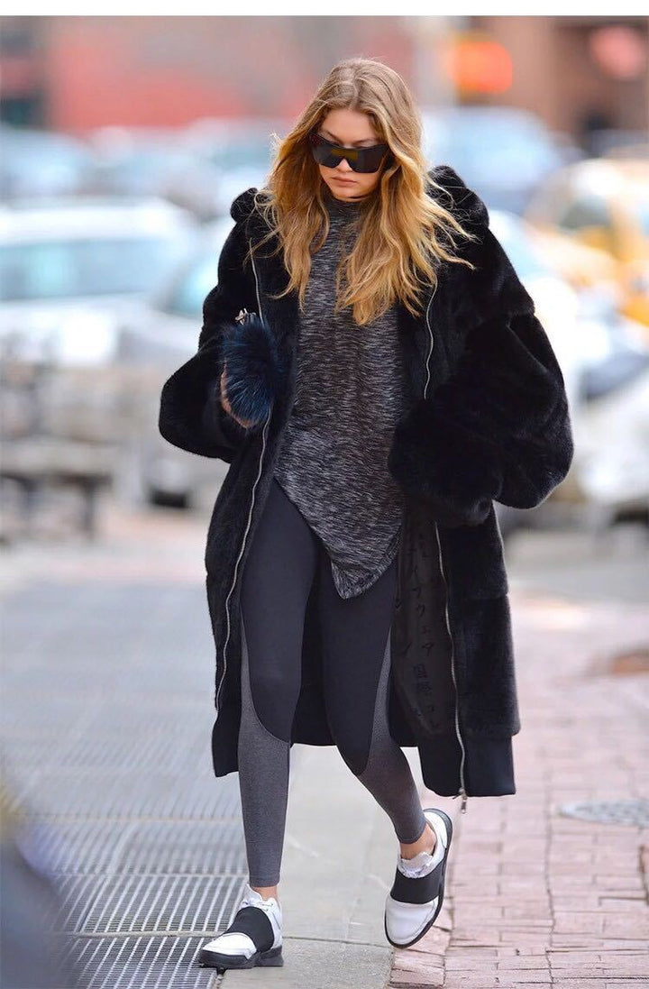 Ladies Oversized Faux Fur Coat with Hood and Pockets Lune London