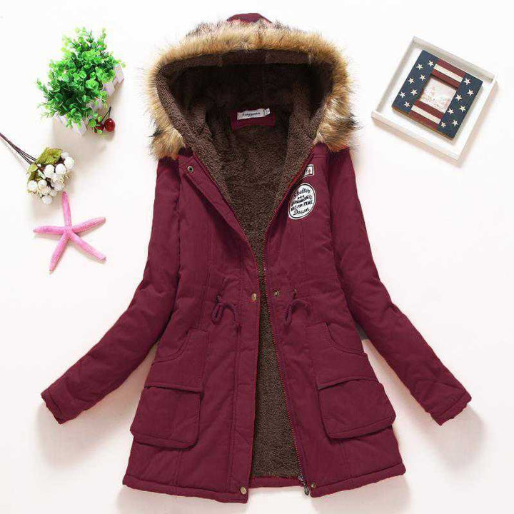 Ladies quilted parka jacket with hood and faux fur lining Lune London
