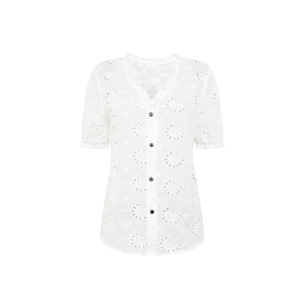 Light blouse for ladies with artistic perforated patterns and button details Lune London