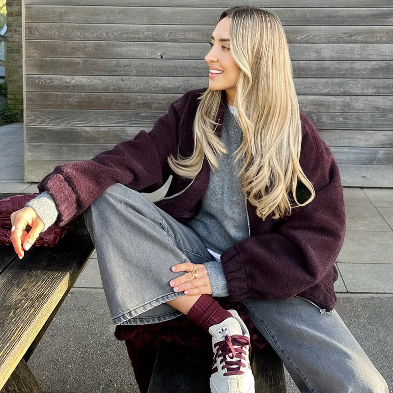 Fleece bomber jacket for women with elastic hem and practical side pockets Lune London