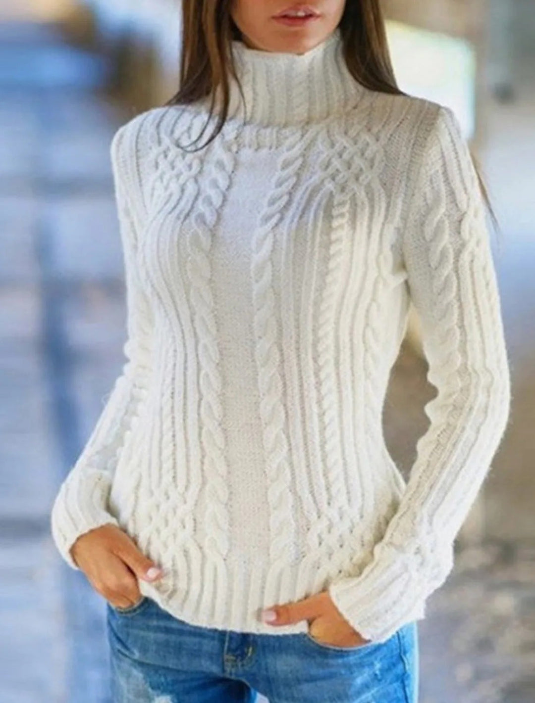 Women's Turtleneck Sweater with Cable Pattern and Comfortable Fit Lune London