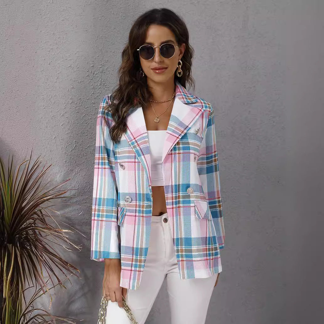 Plaid women's blazer with double button closure Lune London