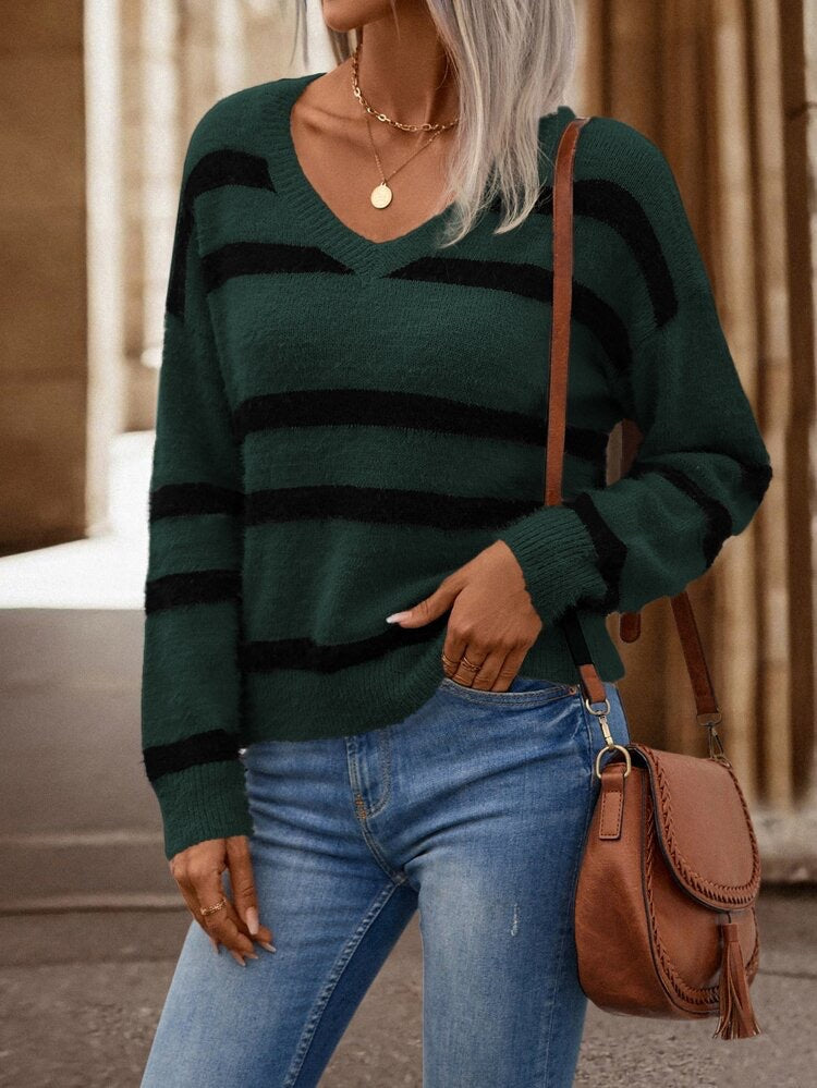 Women's sweater with V-neck, wide stripes and soft material Lune London