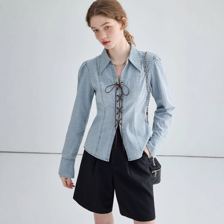 Elegant denim blouse for women with lace closure Lune London