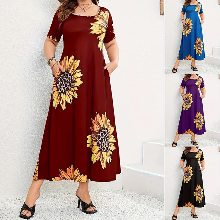 Summer maxi dress for women with sunflower floral pattern and practical pockets Lune London