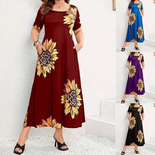 Summer maxi dress for women with sunflower floral pattern and practical pockets Lune London