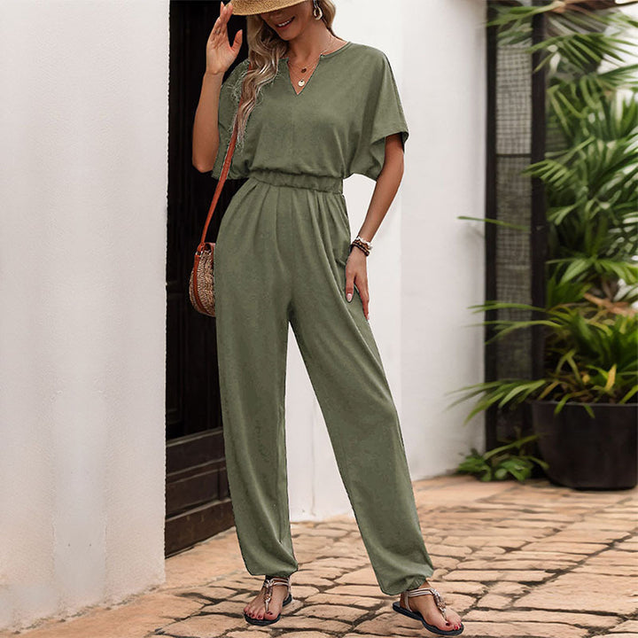 Ladies Elegant V Neck Jumpsuit with Elastic Waist and Wide Legs Lune London