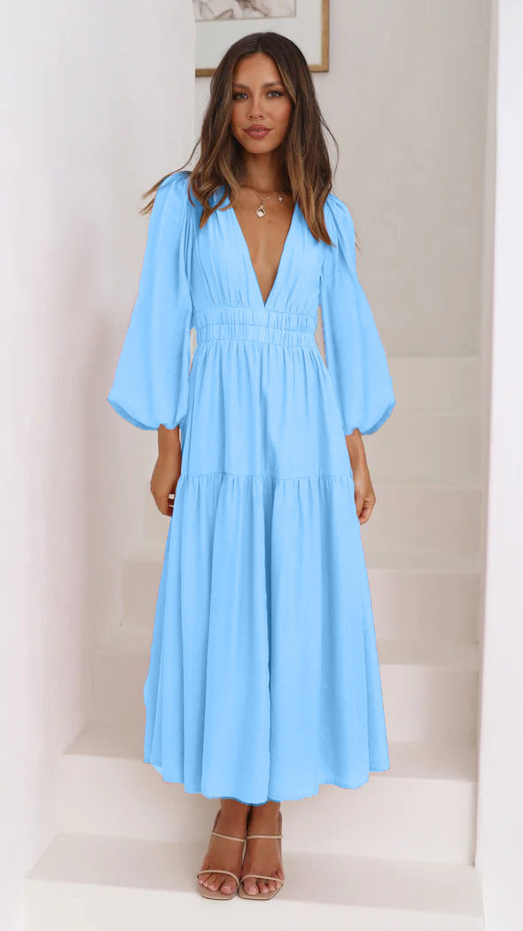 Women's Maxi Dress with Deep V-Neck and Wide Flared Sleeves Lune London