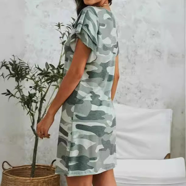 Leisure dress for women with ruffle details and camouflage design Lune London