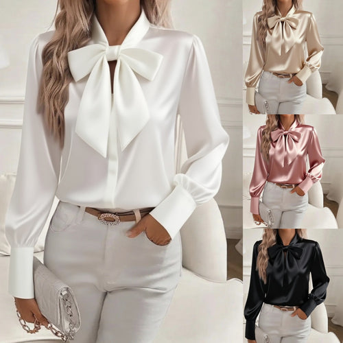 Women elegant satin blouse with bow collar and puff sleeves Lune London