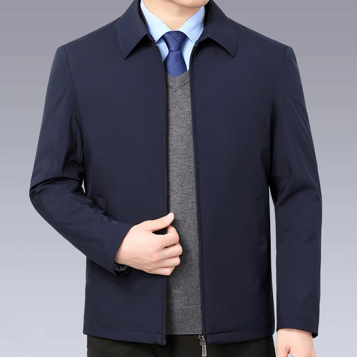 Temperature-regulating transition jacket for men with practical high collar Lune London