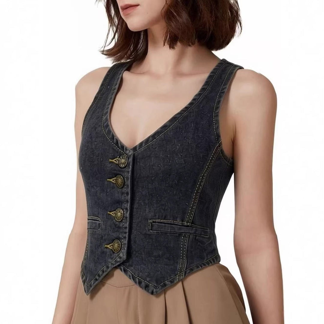 Women's Denim Bustier Top with Button Details and Extended Silhouette Lune London