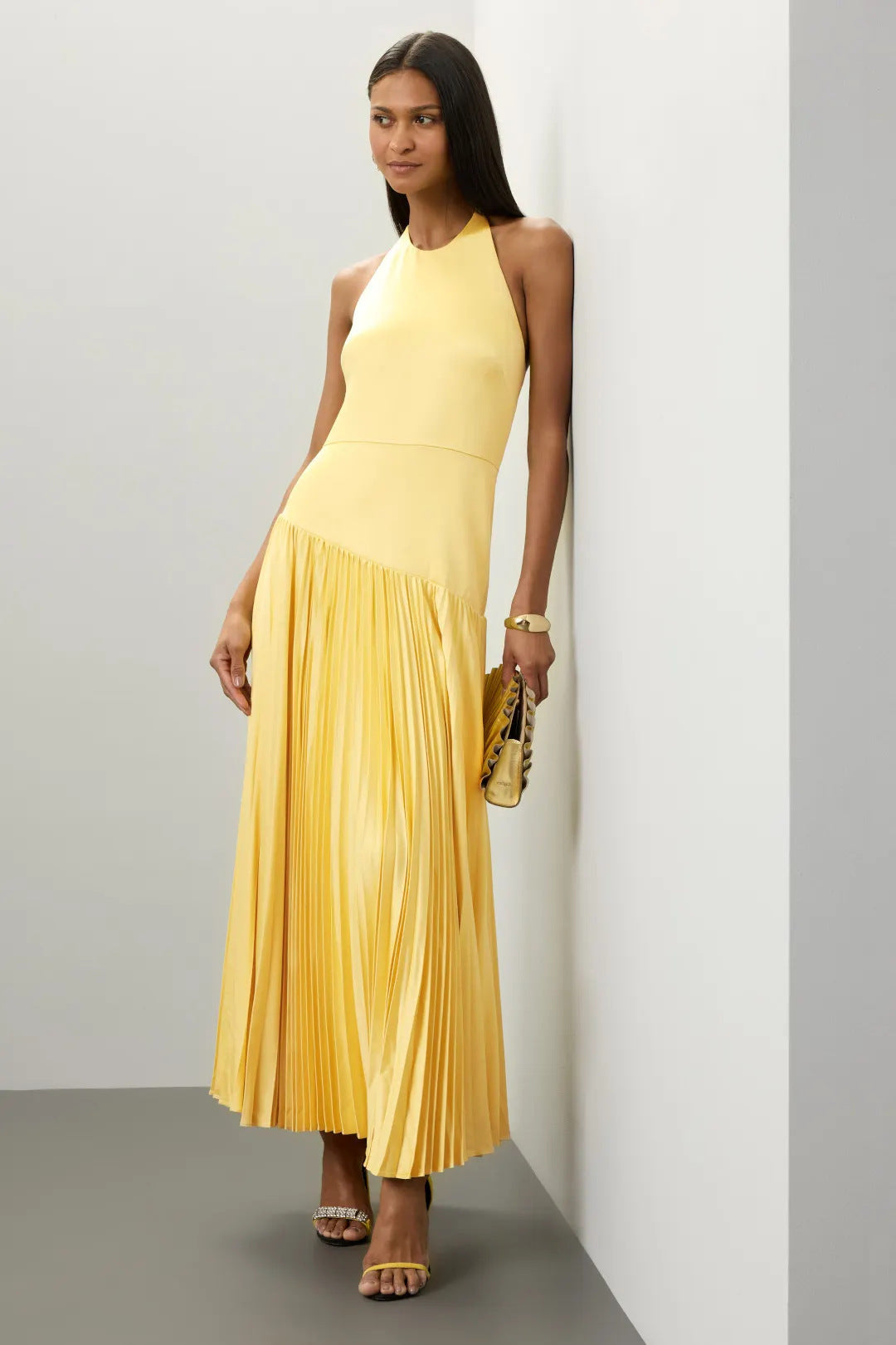 Ladies Elegant Maxi Dress with Flowing Pleated Skirt and Halter Neck Design