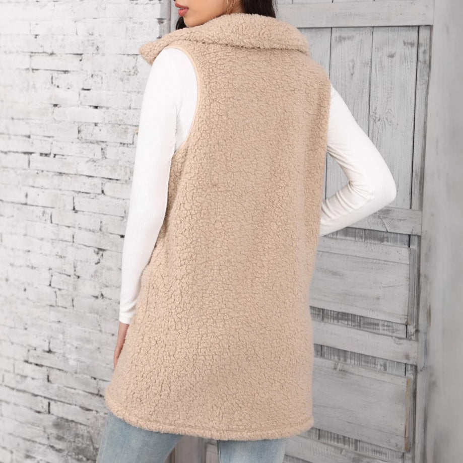 Ladies Comfortable Plush Jacket with Patch Pockets and Stylish Chic Collar