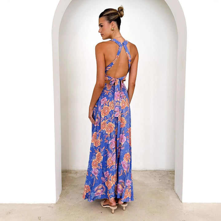 Elegant Maxi Dress for Women with Floral Accents and Chic Backless Style