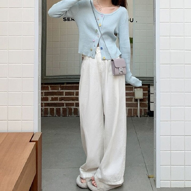 Fine knit jacket for women with colorful buttons and crew neck Lune London