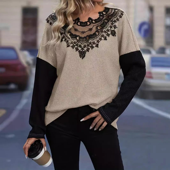 Ladies Elegant knit top with crocheted lace collar Lune London
