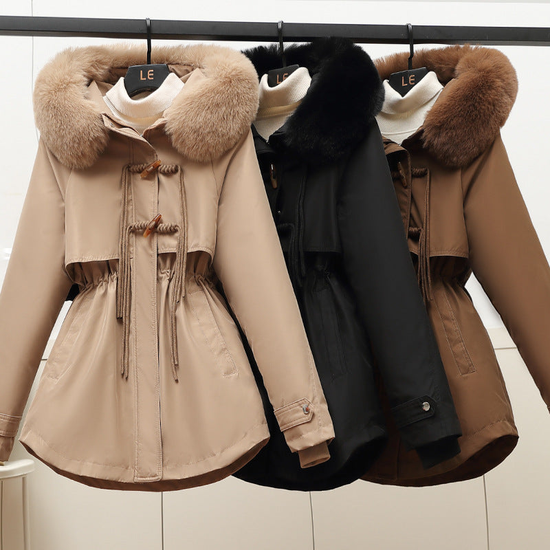 Ladies winter down jacket with a removable faux fur collar and a drawstring waist Lune London