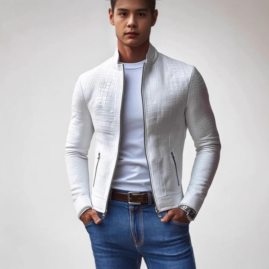 Trendy faux leather jacket for men with textured surface pattern Lune London