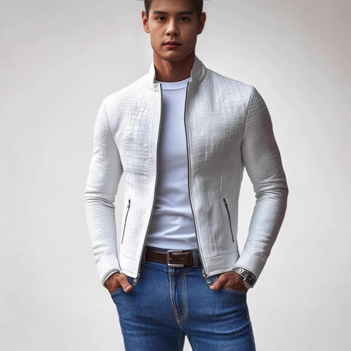Trendy faux leather jacket for men with textured surface pattern Lune London