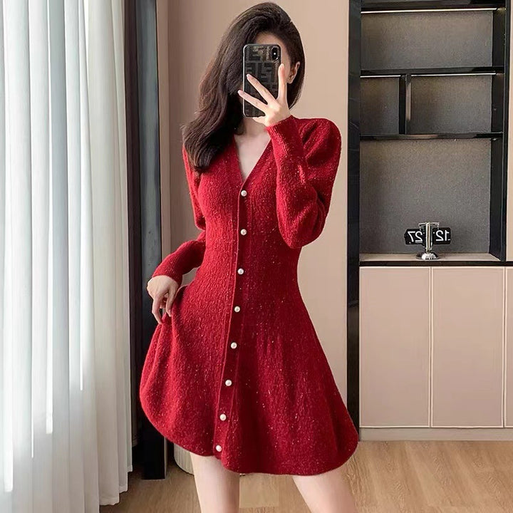 Knit dress for women with button placket and ballet-style sleeves Lune London