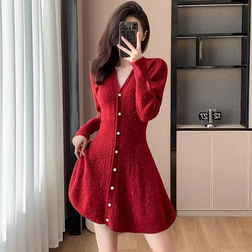 Knit dress for women with button placket and ballet-style sleeves Lune London