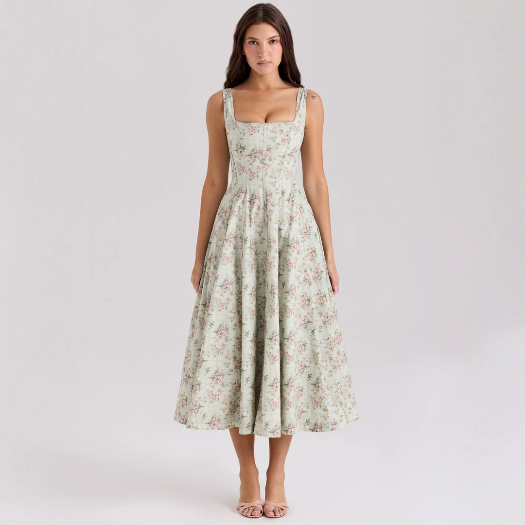 Women's Floral Maxi Dress with Slim Straps and Side Pockets