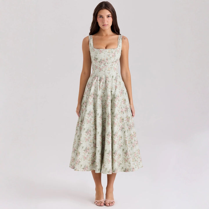 Women's Floral Maxi Dress with Slim Straps and Side Pockets