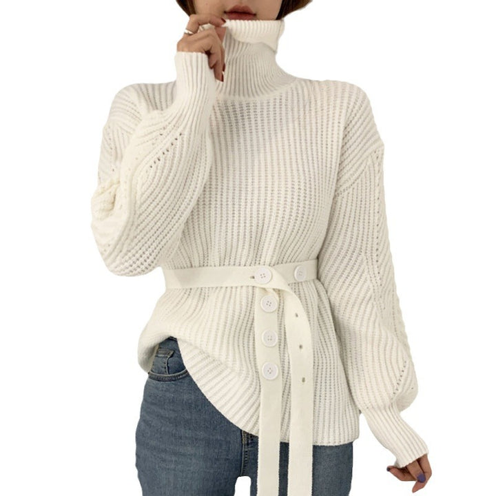 Pull en tricot épais pour femmes avec col montant et taille ceinturée Chic & Stil