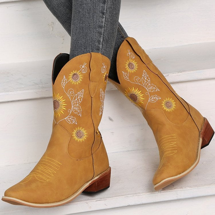 Women's cowboy boots with embroidered floral design and sturdy block heel Lune London