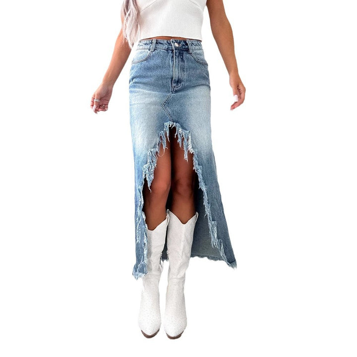 High-waisted denim skirt for women with fringes and slit Lune London