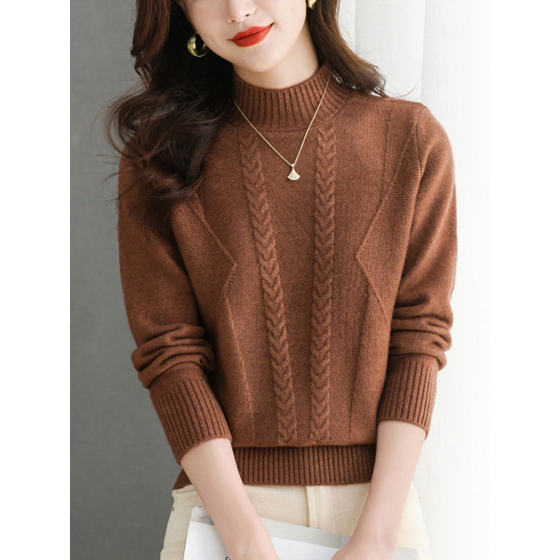 Pull femme en gros tricot avec un élégant motif torsadé et un col haut Lune London