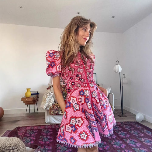 Maxi dress for women with a floral design and refined ruffle details Lune London