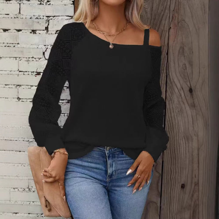 Women Elegant Knit Top with Asymmetric Neckline and Embellished Sleeves Lune London