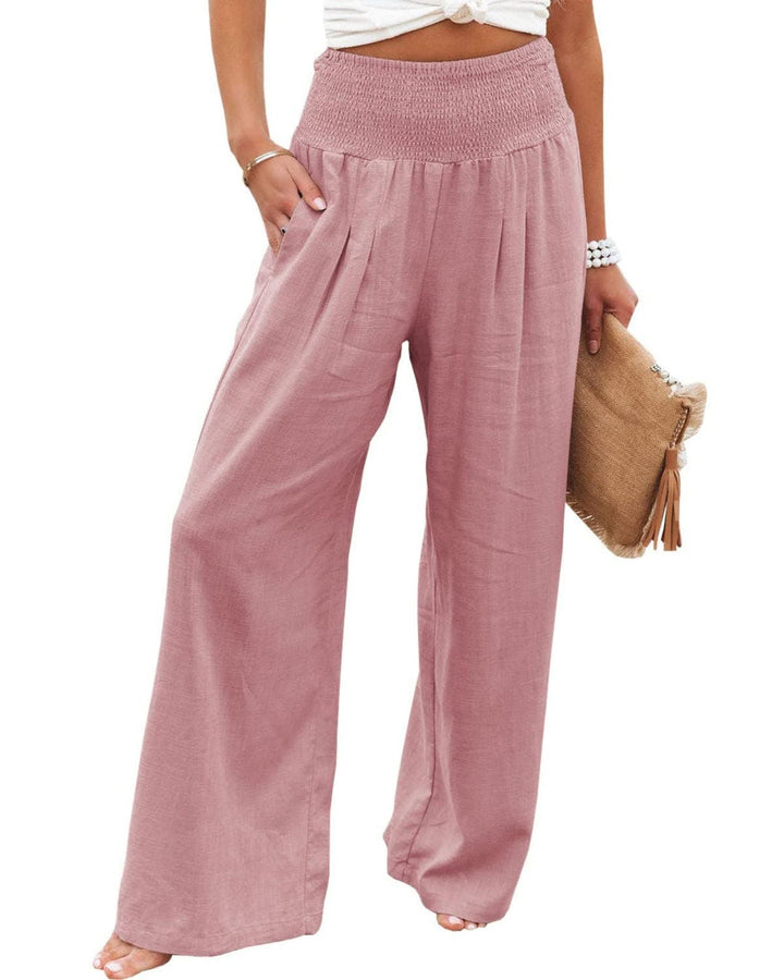 Women's Wide Linen Trousers with Elastic Waistband and Pleats Lune London