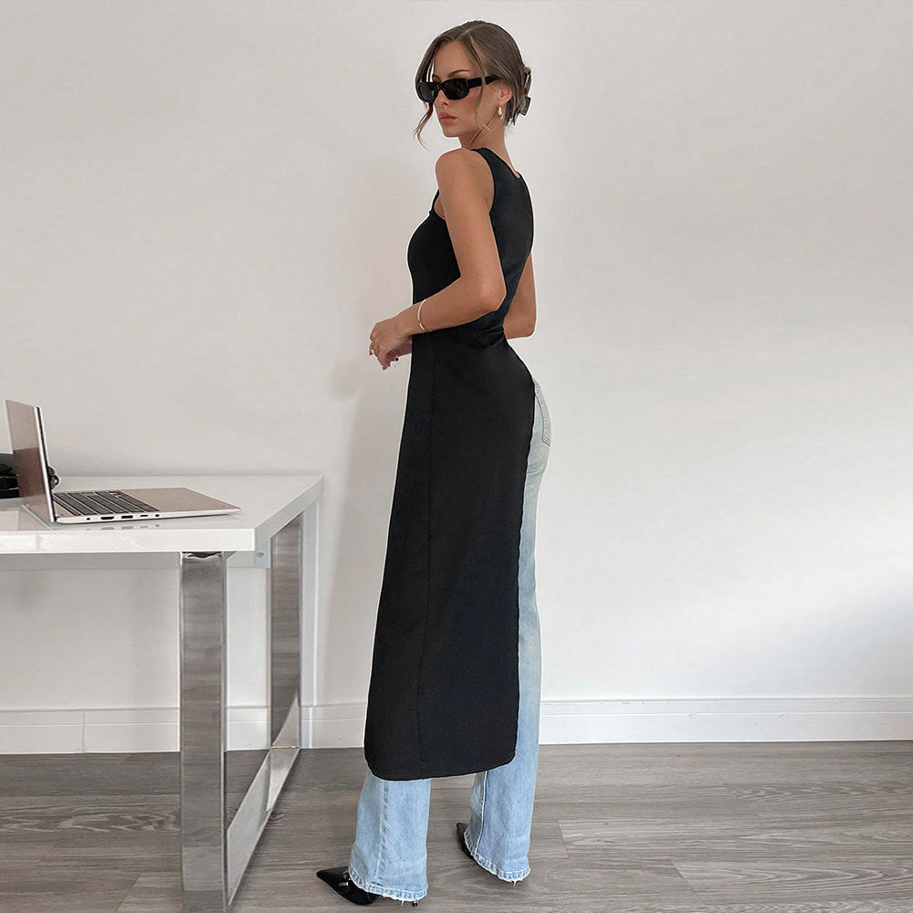 Asymmetrical maxi dress for women with deep round neckline and flowy cut Chic & Stil